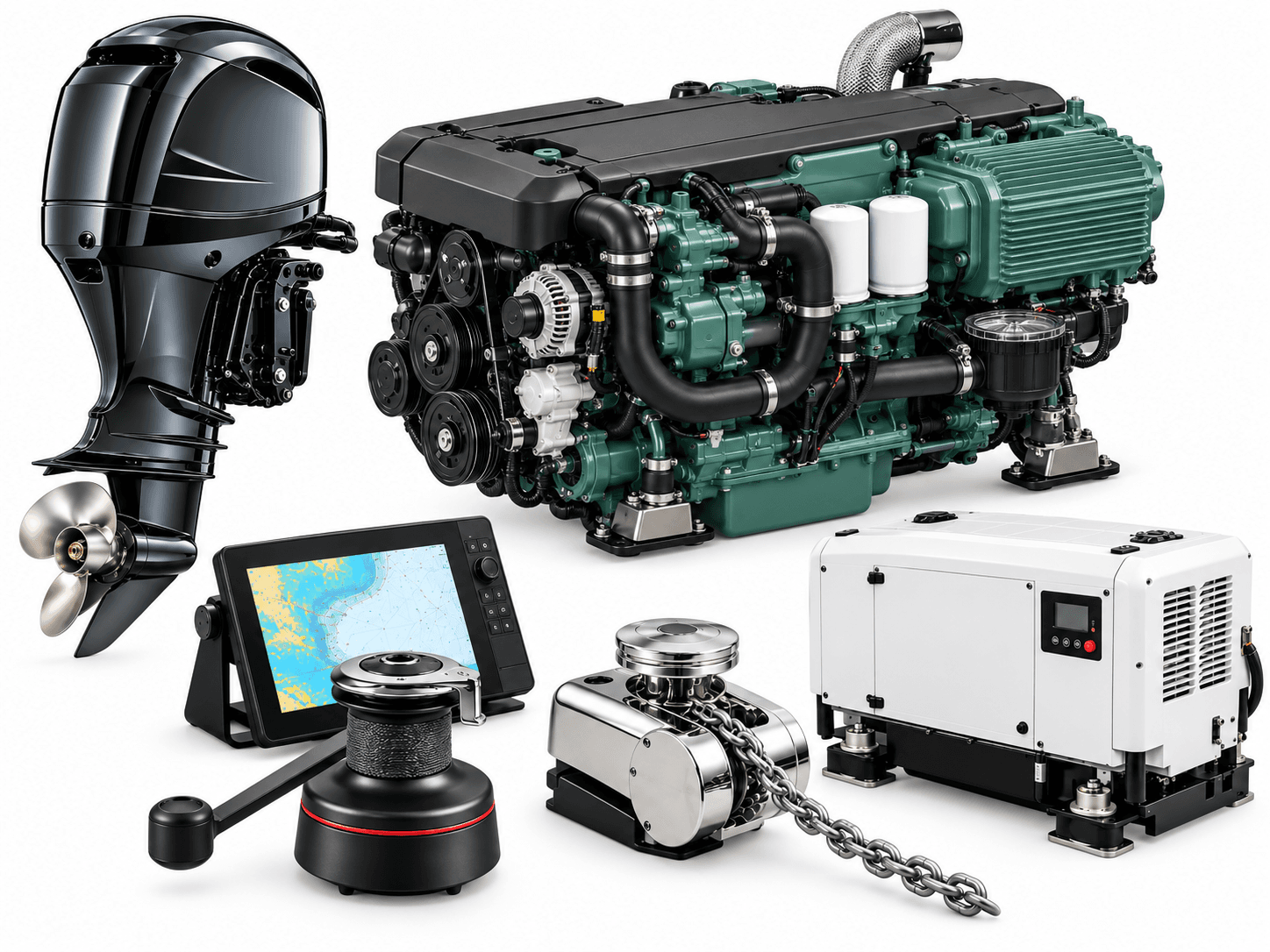 Boat parts, outboard motor, winch and navigation equipment